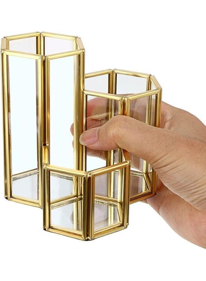 Glass Makeup Brush Holder with 3 Slots, Gold Hexagon Design, Desktop Organiser for Cosmetics and Office Supplies - Image 4