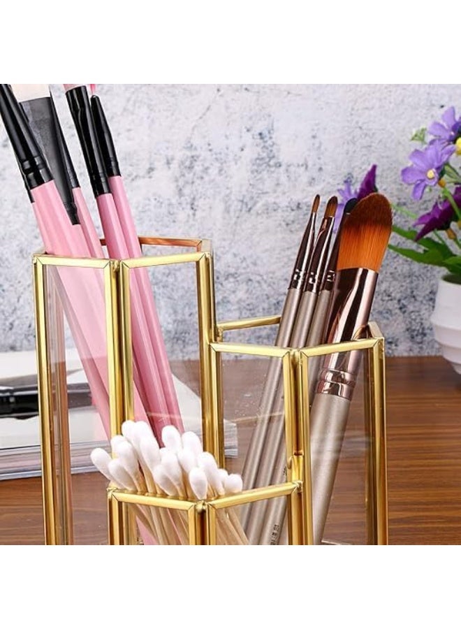 Glass Makeup Brush Holder with 3 Slots, Gold Hexagon Design, Desktop Organiser for Cosmetics and Office Supplies - Image 5