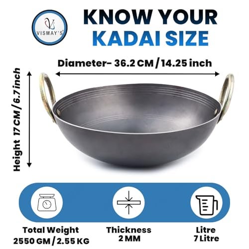 VISMAY'S 7 Litre 14.25 Inch Food Grade Iron Kadhai Wok Frypan Lohe ki Kadai Smooth Edges Riveted Handles Deep Frying, Roasting Metal Spoon Friendly Traditional Indian Cooking Durable Kitchen Cookware - Image 2