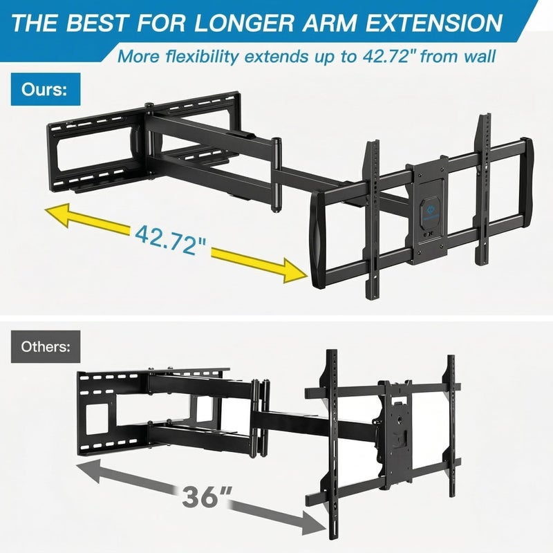 PERLESMITH Long Arm TV Wall Mount for 42-90 inch TVs, Full Motion TV Mount with 42.72 inch Extension Articulating Arm Swivel and Tilt, Max VESA 800x400mm, Holds up to 150 lbs, 16â€,18â€, 24â€ Studs - Image 4