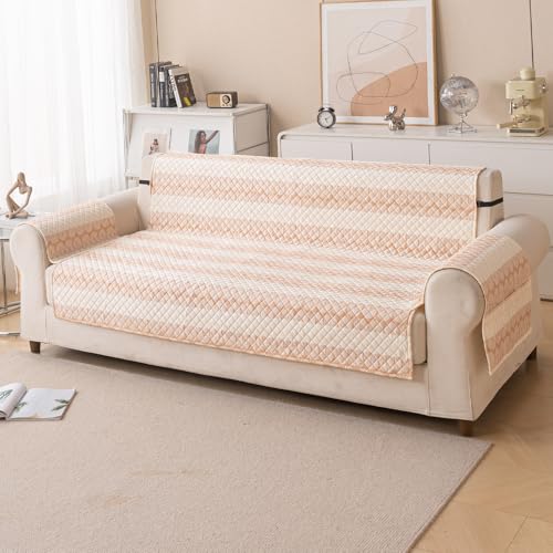 House of Quirk Quilted Printed Sofa Cover for Indian Sofa Set – Washable, Durable & Soft Fabric Protector (Beige Loop, Three Seater) - Image 4