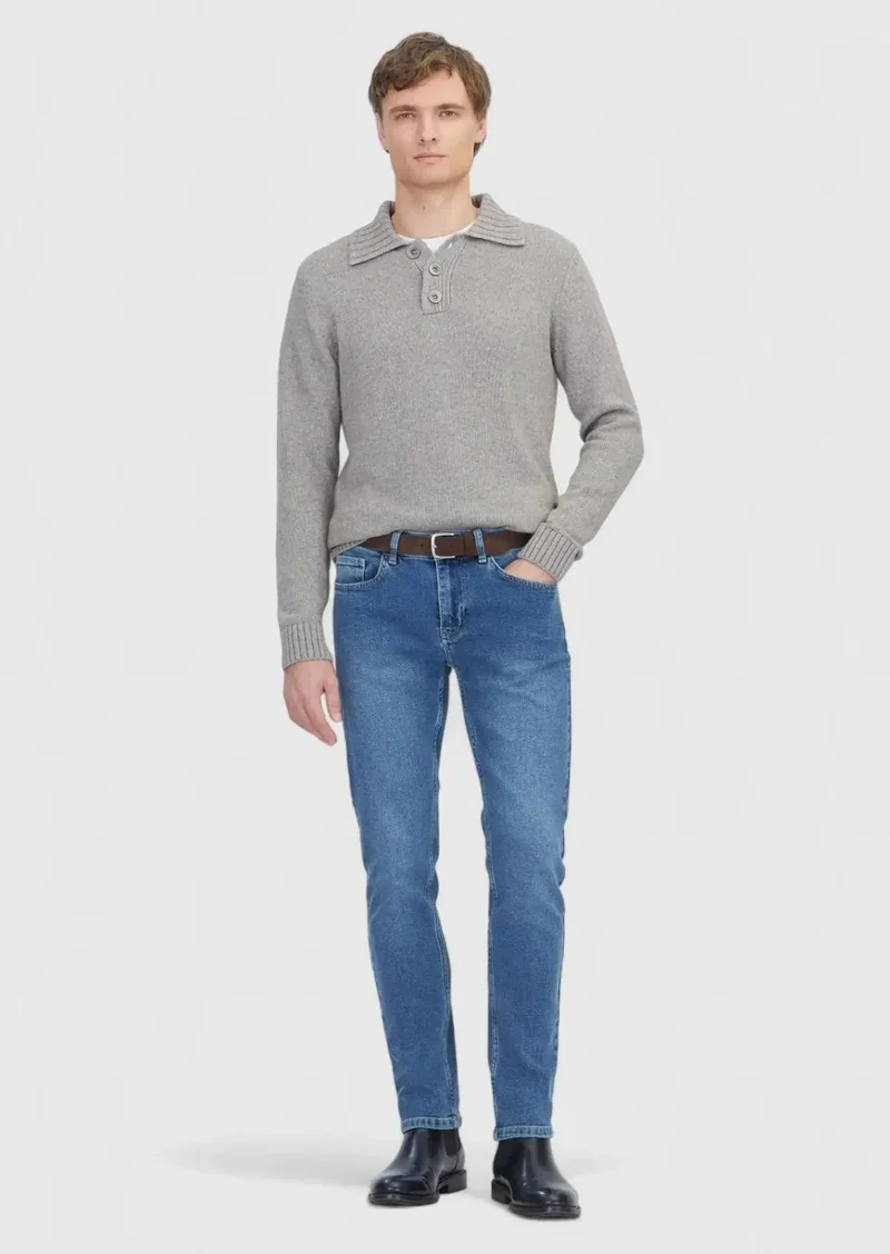 RAMSEY Blue Slim Fit Denim Cotton Blended Trousers