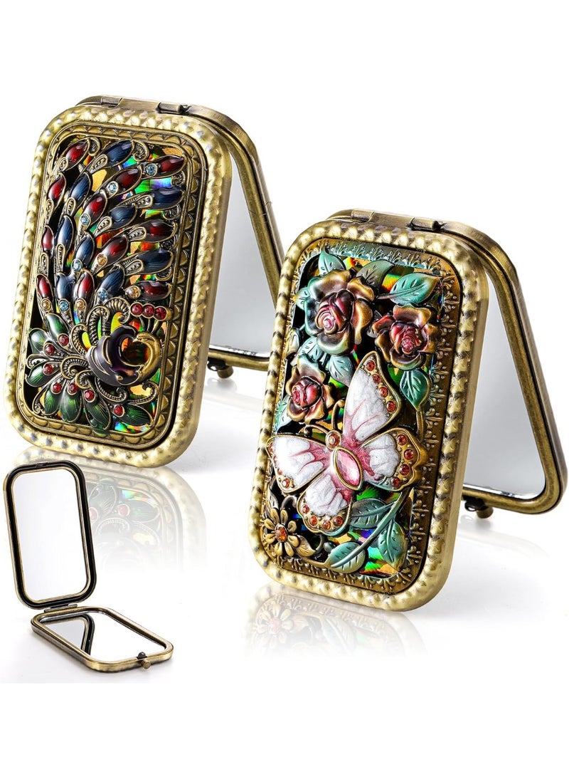 NOSKIN Vintage Style Double-Sided Compact Mirror Set, Butterfly & Peacock Embossed, Antique Gold Finish, 2 Pack - Image 1