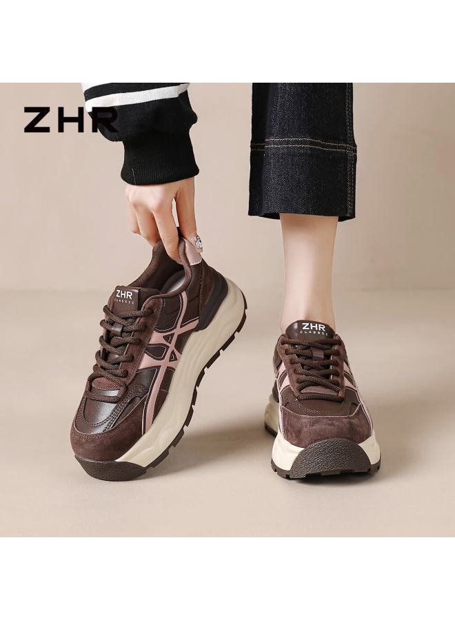 Zhr Thick Sole Dad Sneakers Women  Spring New Versatile Retro Sports Running Shoes R126l Brown Size 38 - Image 2