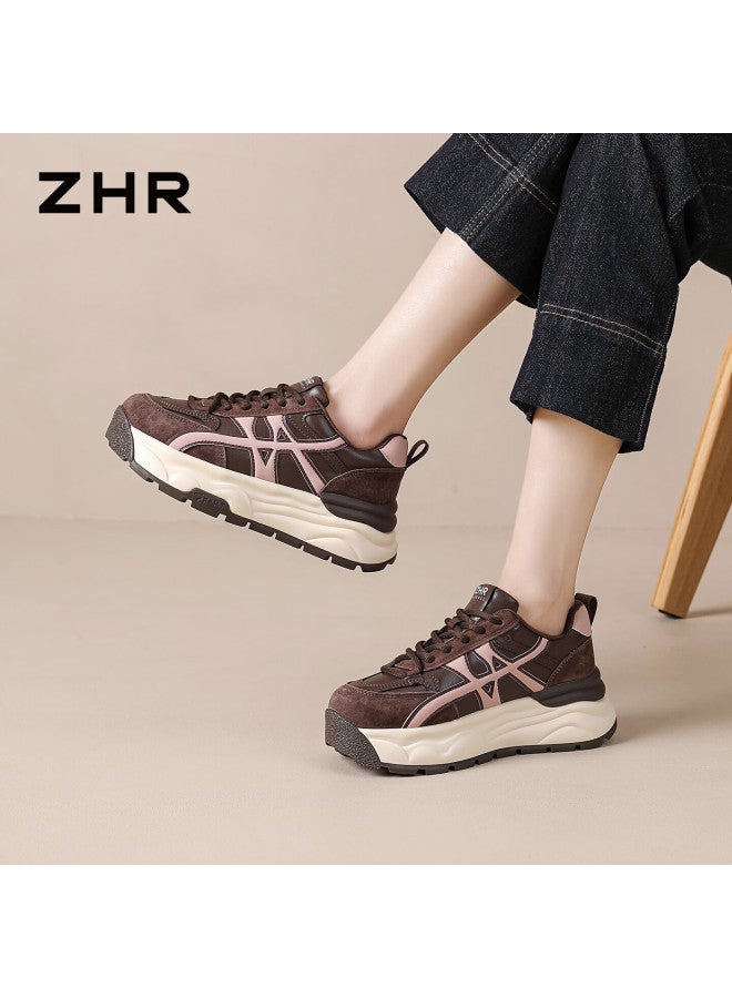 Zhr Thick Sole Dad Sneakers Women  Spring New Versatile Retro Sports Running Shoes R126l Brown Size 38 - Image 3