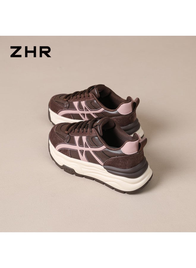 Zhr Thick Sole Dad Sneakers Women  Spring New Versatile Retro Sports Running Shoes R126l Brown Size 38 - Image 5
