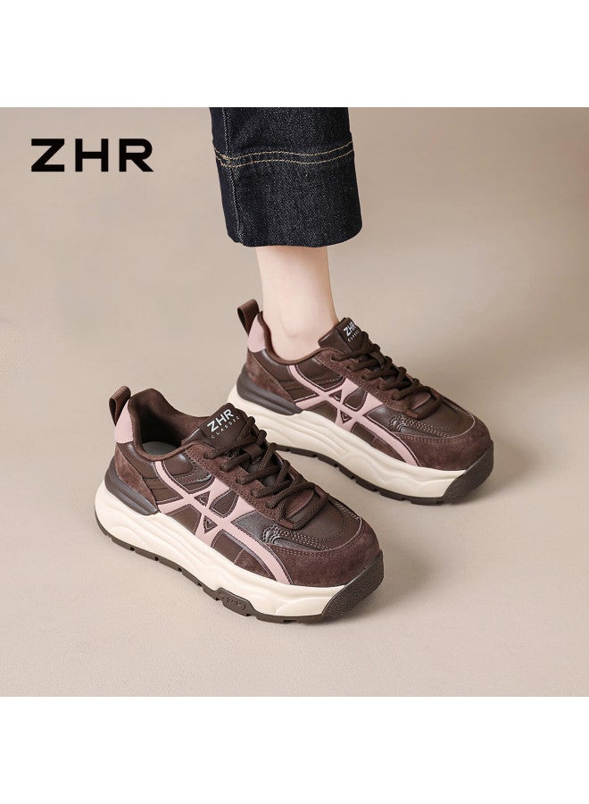 Zhr Thick Sole Dad Sneakers Women  Spring New Versatile Retro Sports Running Shoes R126l Brown Size 38 - Image 1