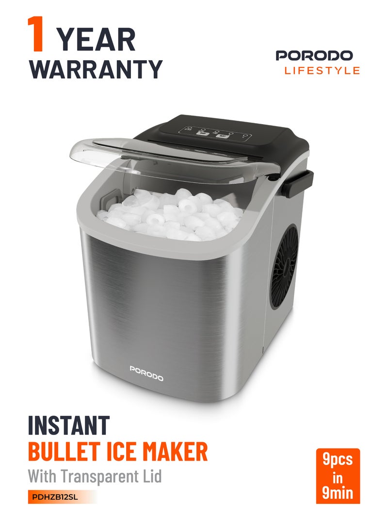 بورودو صانعة ثلج فورية على شكل رصاصة مع غطاء شفاف / خزان مياه سعة 1.2 لتر / ثلج على شكل رصاصة / إنتاج ثلج سريع / تصميم موفر للمساحة / لوحة سهلة الاستخدام / سعة ثلج 0.6 كجم - فضي - Image 1