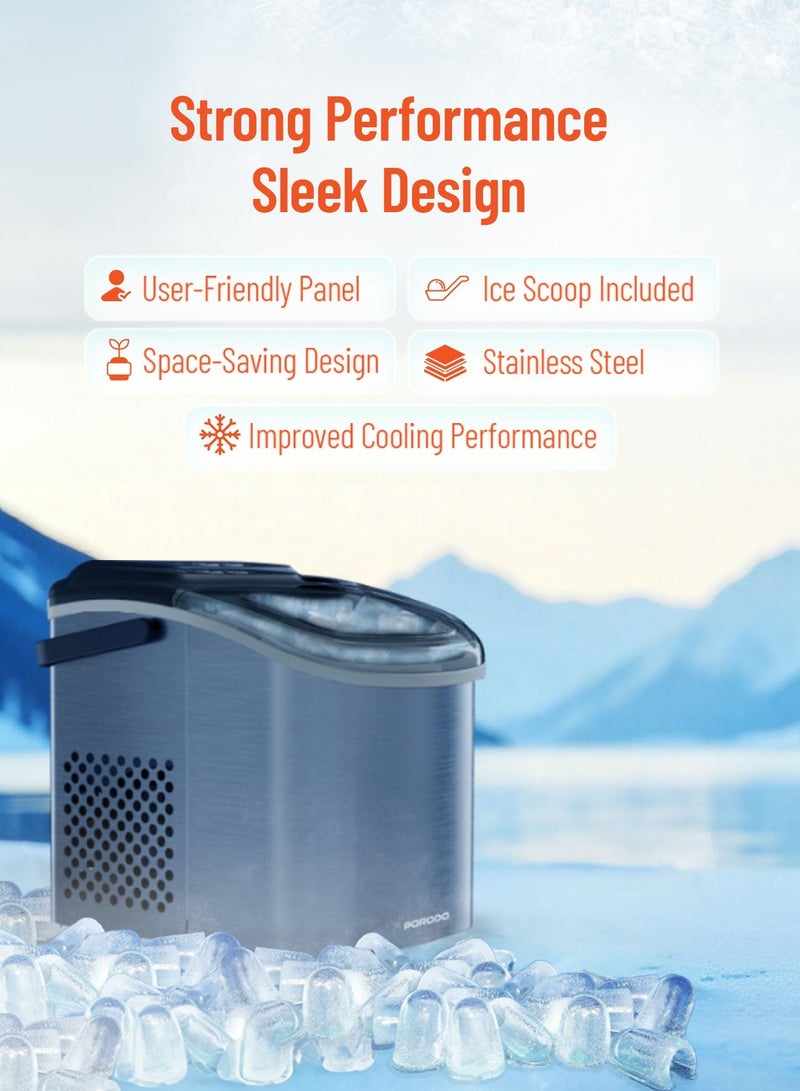 porodo Instant Bullet Ice Maker with Transparent Lid / Water Tank Capacity 1.2L / Ice Shape Bullet-Shaped Ice / Rapid Ice Production / Space-Saving Design / User-Friendly Pane / 0.6kg Ice Capacity - Silver - Image 4