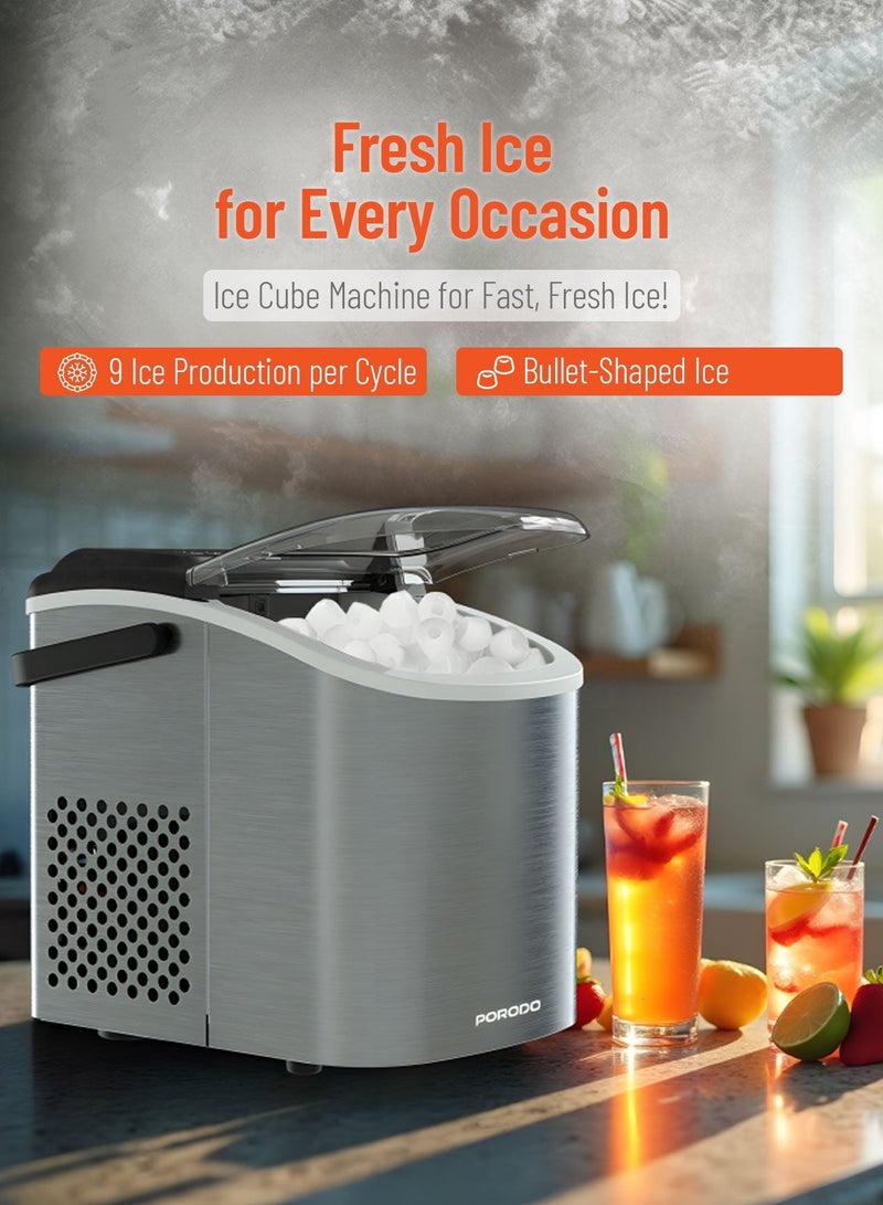 porodo Instant Bullet Ice Maker with Transparent Lid / Water Tank Capacity 1.2L / Ice Shape Bullet-Shaped Ice / Rapid Ice Production / Space-Saving Design / User-Friendly Pane / 0.6kg Ice Capacity - Silver - Image 2
