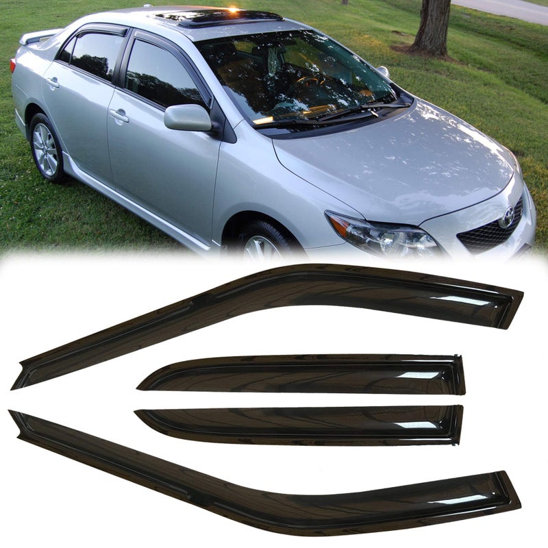 Puermto 94620 Side Window Wind Deflector 4pcs OutChannel TapeOn Nice Rain Guards Set Dark Smoke Window Visor fit for 20032008 Toyota Corolla
