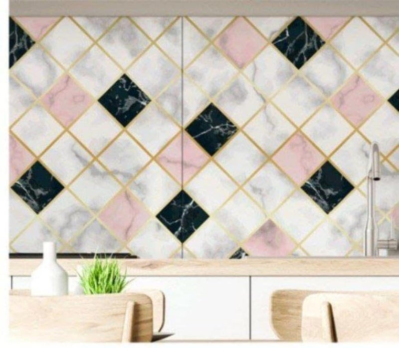 wall love Marble OilProof & Waterproof self-Adhesive Sheet Stickers Big Countertop Cabinet Furniture puja Room Kitchen,Home Sticker Wallpaper 60 x 200cm (Pink Black Block Wallpaper) - Image 2