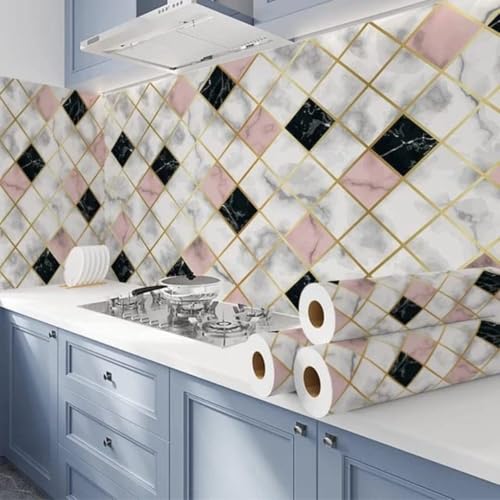 wall love Marble OilProof & Waterproof self-Adhesive Sheet Stickers Big Countertop Cabinet Furniture puja Room Kitchen,Home Sticker Wallpaper 60 x 200cm (Pink Black Block Wallpaper) - Image 4