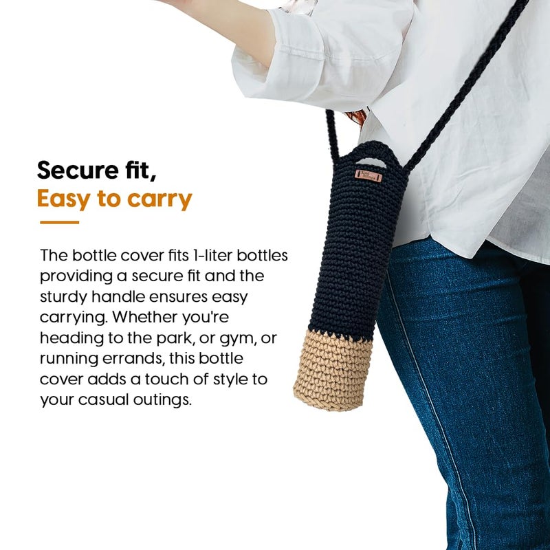 Kind Strings Crochet Sling Bottle Bag Handmade Cotton Water & Wine Bottle Holder (1 Litre) Eco-Friendly Reusable Gift Bag for Travel, Office, Picnic, Gym Black & Jute - Image 5