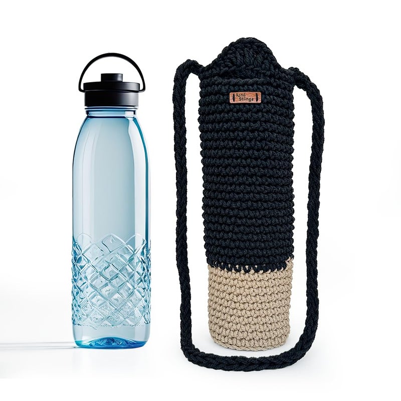 Kind Strings Crochet Sling Bottle Bag Handmade Cotton Water & Wine Bottle Holder (1 Litre) Eco-Friendly Reusable Gift Bag for Travel, Office, Picnic, Gym Black & Jute - Image 1