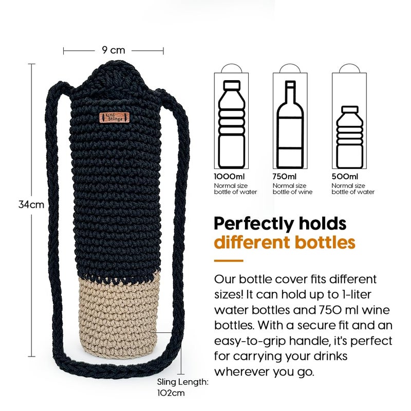 Kind Strings Crochet Sling Bottle Bag Handmade Cotton Water & Wine Bottle Holder (1 Litre) Eco-Friendly Reusable Gift Bag for Travel, Office, Picnic, Gym Black & Jute - Image 2