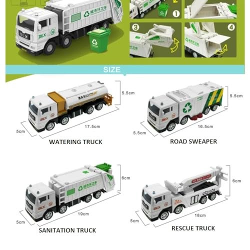 PLUSPOINT Garbage Truck Toy Vehicles Set 4 Pack Sanitation Model Recycle Trucks Water Tanker Playset Friction Power for Boys Age 3+ Toddlers Kids Holiday Birthday Gift(4pc Garbage Truck) - Image 2