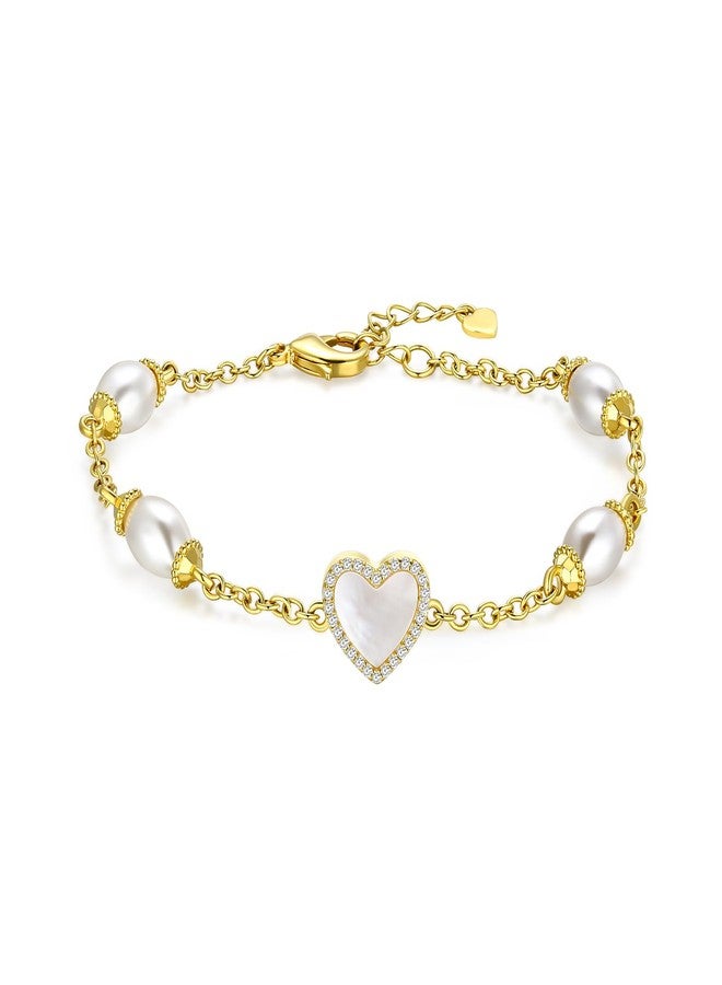 AiliFe Pearl Heart Bracelets for Women valentines Gift, Cubic Zirconic Shell Gold Plated Charm with 7+2 Inch Extension Chain (Shell Heart Bracelet) - Image 1