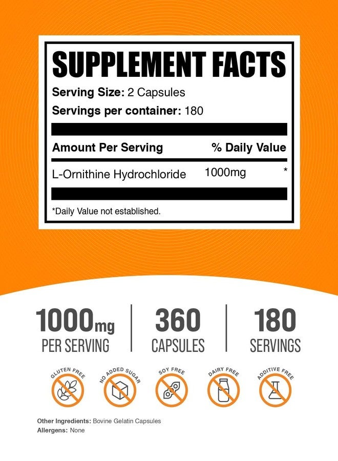 بالك سابلمنتس كبسولات إل-أورنيثين هيدروكلوريد من BulkSupplements.com (360 كبسولة (عبوة واحدة)) - Image 2