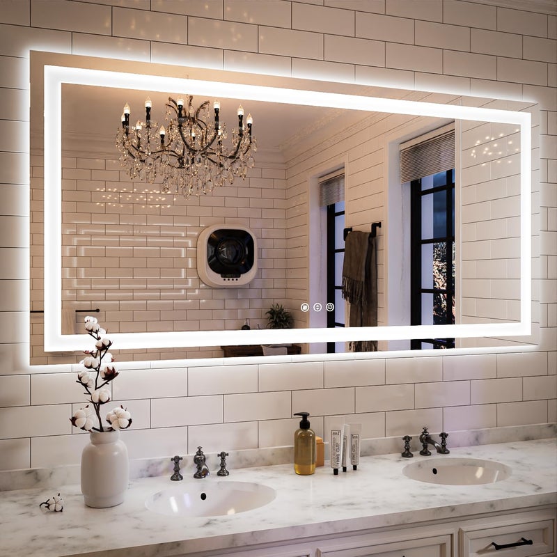 ISKM 60x28 LED Bathroom Mirror with Lights  Large Front and Backlit Vanity Mirror for Bathroom Wall Mounted Defog Dimmable Memory Function Tempered Glass Shatterproof ETL Listed
