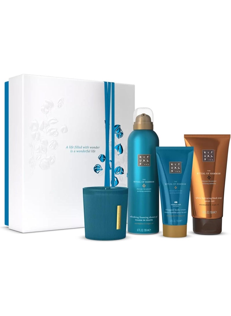 RITUALS Hammam Medium Gift Set, 4-Piece Bath & Body Bundle – Eucalyptus & Argan Oil Foaming Shower Gel, Body Cream, Scented Candle & Hand Care Essentials, Spa Gift Set for Women and Men - Image 1