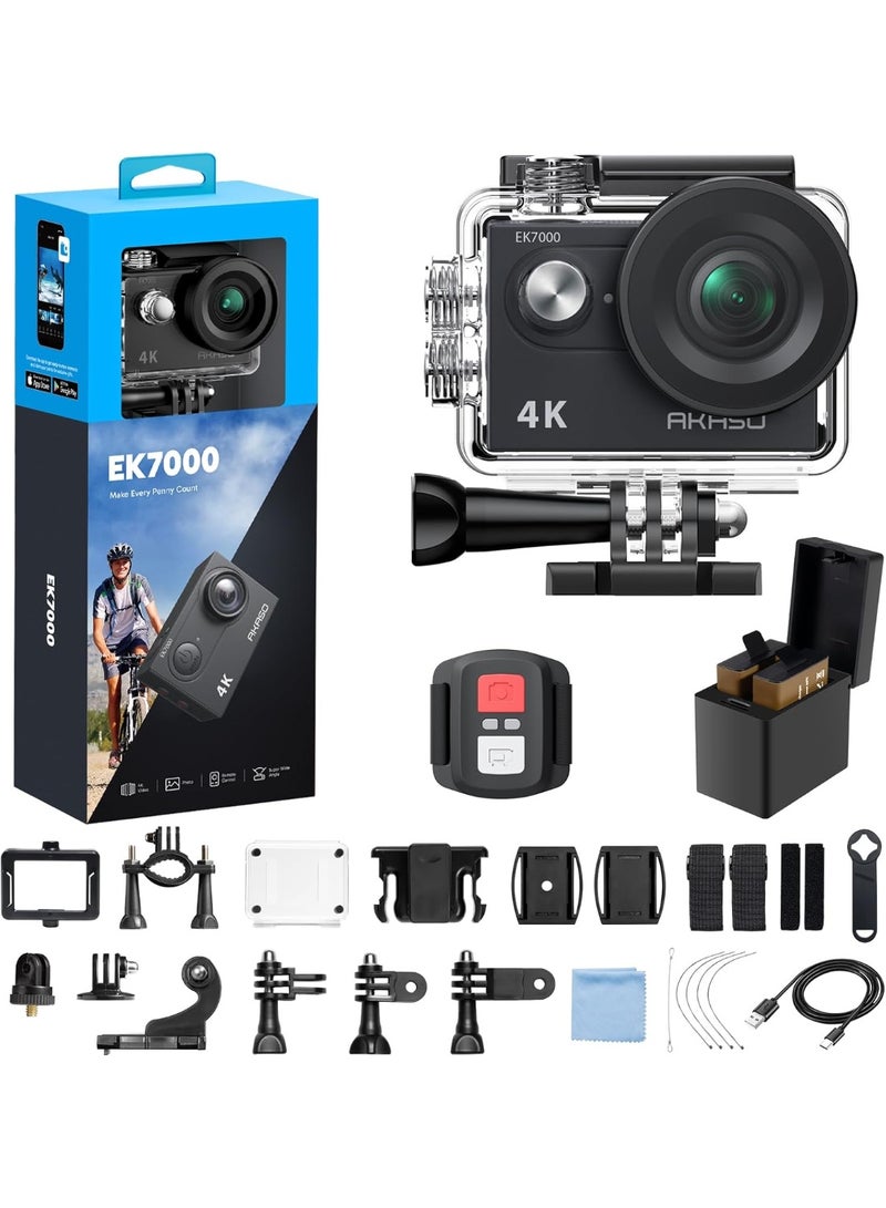 أكاسو كاميرا أكشن AKASO EK7000 بدقة 4K30FPS ودقة 20 ميجابكسل وواي فاي مع تقريب EIS 4X فائق الدقة 131 قدمًا ومقاومة للماء تحت الماء بزاوية واسعة 170 درجة وجهاز تحكم عن بعد يدعم ميكروفون خارجي باللون الأسود - Image 1