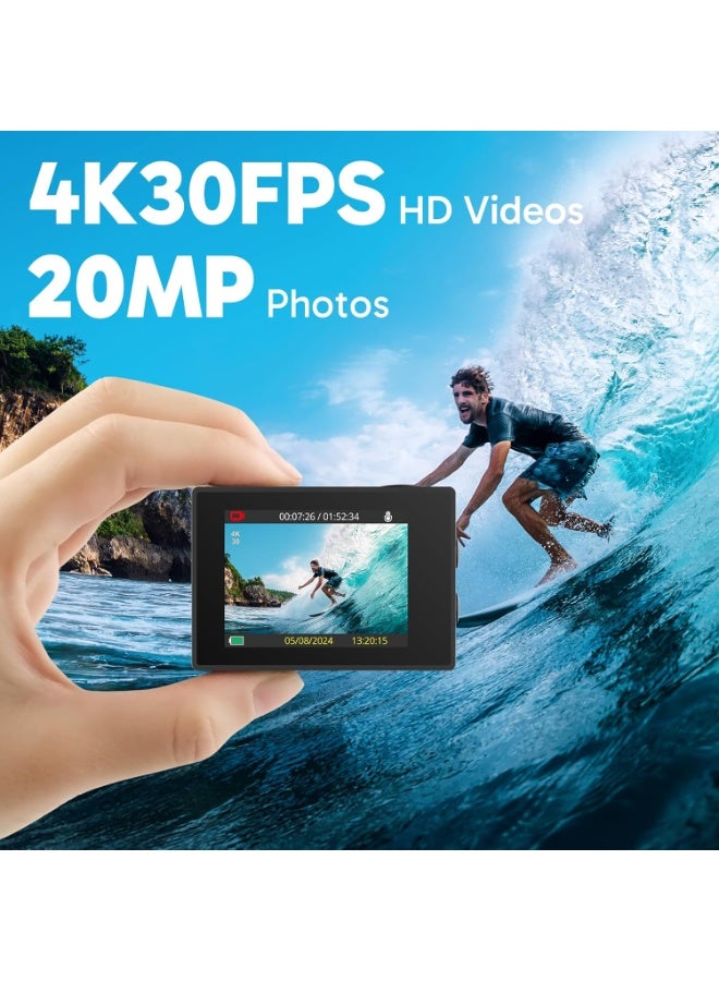 أكاسو كاميرا أكشن AKASO EK7000 بدقة 4K30FPS ودقة 20 ميجابكسل وواي فاي مع تقريب EIS 4X فائق الدقة 131 قدمًا ومقاومة للماء تحت الماء بزاوية واسعة 170 درجة وجهاز تحكم عن بعد يدعم ميكروفون خارجي باللون الأسود - Image 2