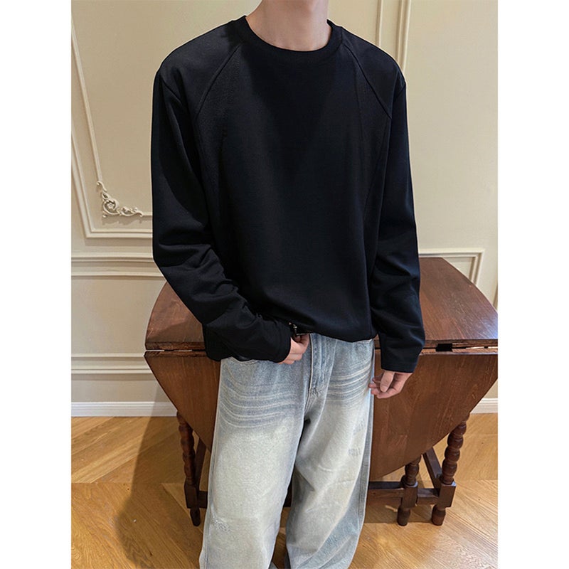 American-style small neckline straight shoulder T-shirt for men's commuting round neck splicing casual versatile boxy style long-sleeved base top - Image 1