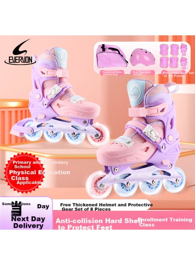 Evervon Roller Skates For Children, Inline Skates With Full Flashing Jf, Includes Helmet And Protective Gear, Pink, Size M, Suitable For 35-38 - Image 1