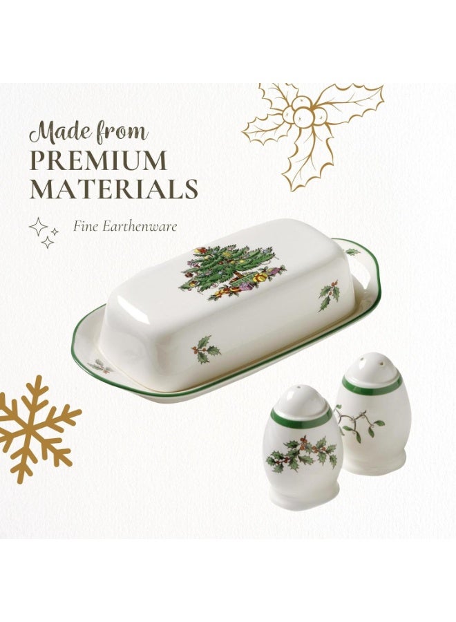 Spode Christmas Tree 3-Piece Hostess Set – Butter Dish with Lid, Salt Shaker & Pepper Shaker – Festive Earthenware for Christmas & Holiday Entertaining – Dishwasher Safe Gift Set - Image 2