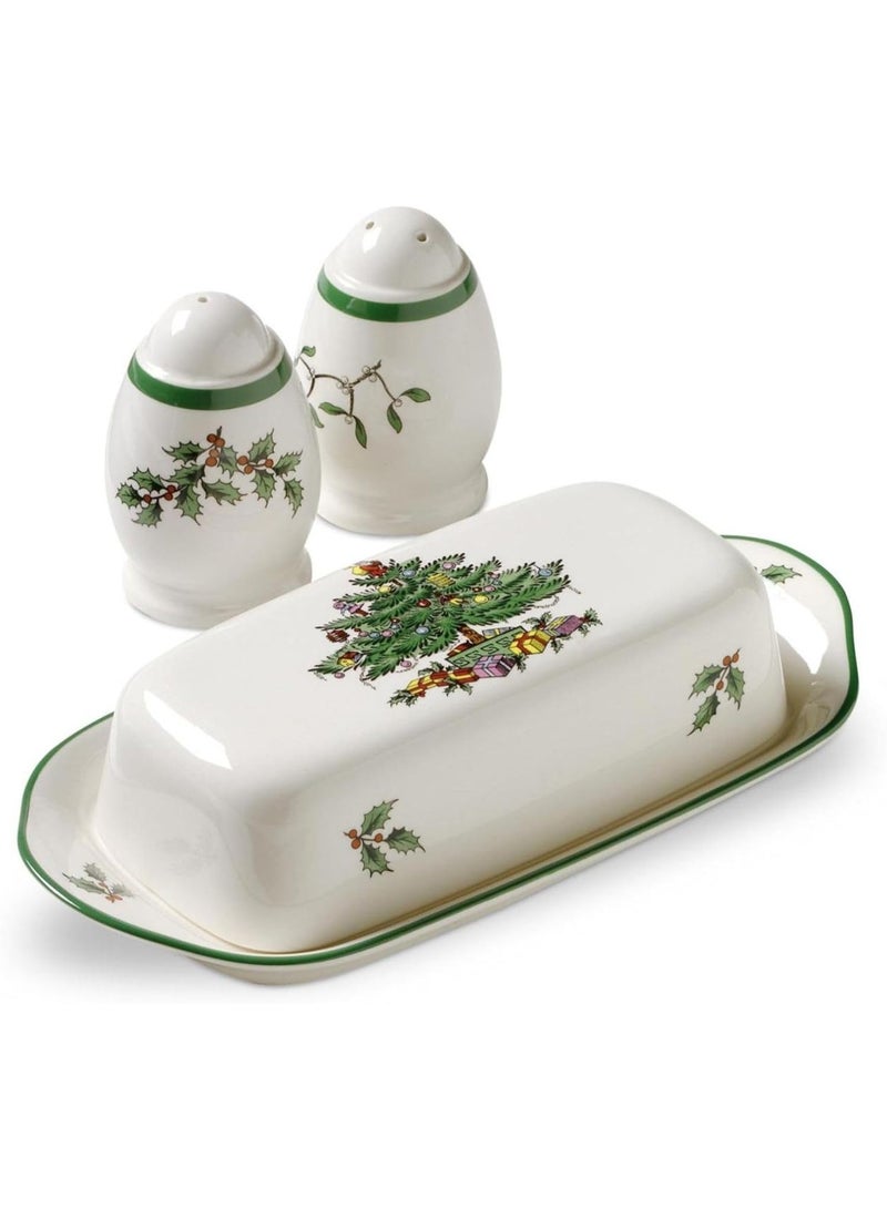 Spode Christmas Tree 3-Piece Hostess Set – Butter Dish with Lid, Salt Shaker & Pepper Shaker – Festive Earthenware for Christmas & Holiday Entertaining – Dishwasher Safe Gift Set - Image 1