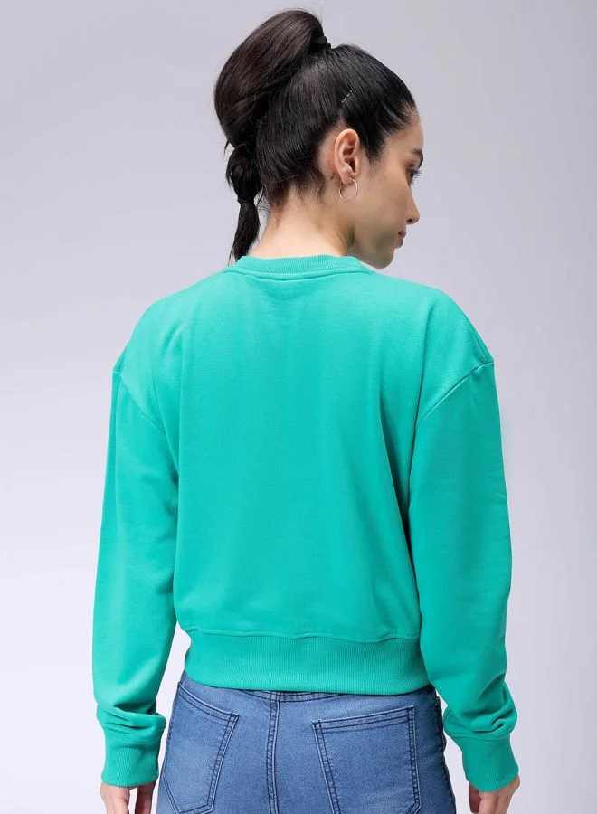 Freehand Women Relaxed Fit Typographic Cropped Sweatshirt