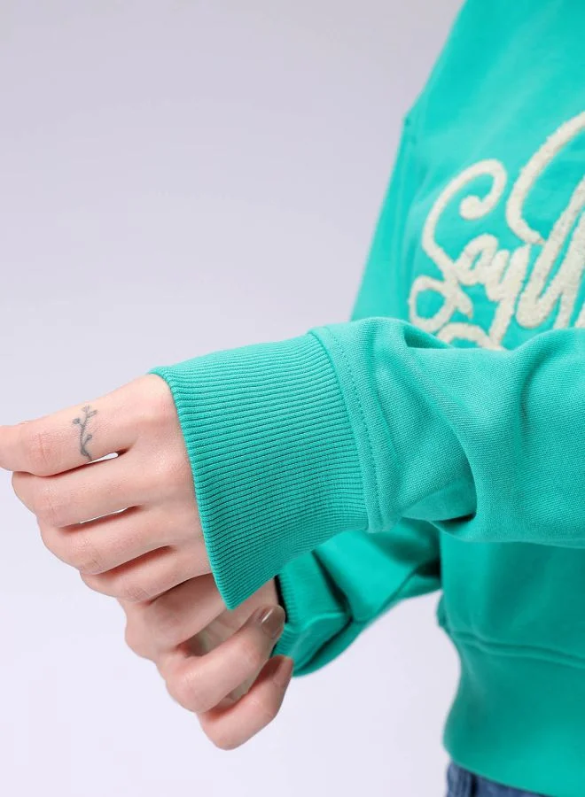 Freehand Women Relaxed Fit Typographic Cropped Sweatshirt
