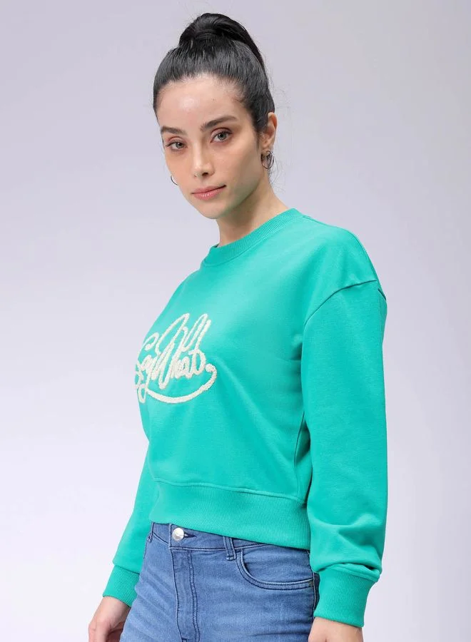 Freehand Women Relaxed Fit Typographic Cropped Sweatshirt