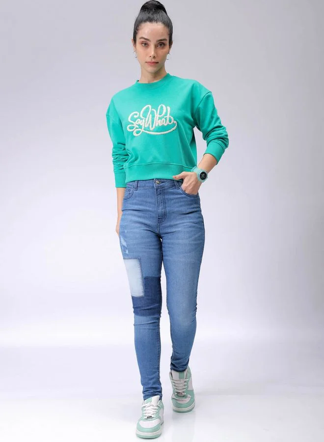 Freehand Women Relaxed Fit Typographic Cropped Sweatshirt