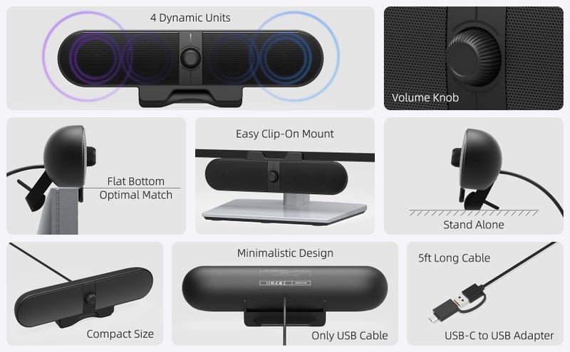 XKX Computer Speakers for Desktop PC, Monitor Speakers with Easy Volume Knob, Sturdy Clamp, Clear Sound, Decent Bass, USB Plug in External Speakers for Laptop, Small PC Soundbar, USB-C Adapter, 5Ft Cable - Image 5