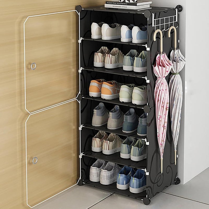 KRISHYAM Shoe Rack Organizer DIY 12 Pair Tower 2 Door Portable Shoe Rack Shoe Storage Cabinet for Boots Shoes Slippers Closet Organizers and Storage 6 Shelves 2 Door Black