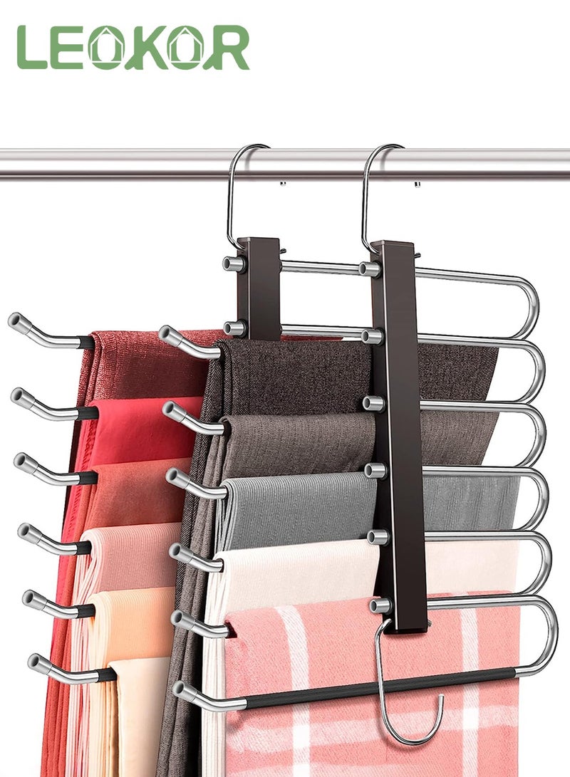 LEOKOR 2 Pack Pants Hangers Space Saving Collapsible Pants Hangers Multifunctional Stainless Steel Rack Hangers 6 Tier Anti-Slip Pants Hangers - Image 1