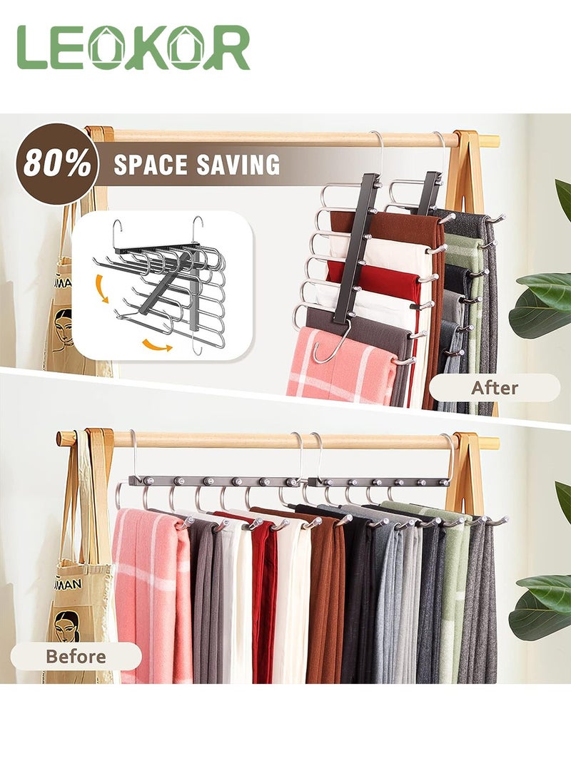 LEOKOR 2 Pack Pants Hangers Space Saving Collapsible Pants Hangers Multifunctional Stainless Steel Rack Hangers 6 Tier Anti-Slip Pants Hangers - Image 2