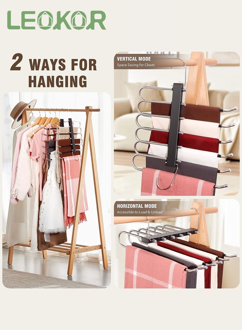 LEOKOR 2 Pack Pants Hangers Space Saving Collapsible Pants Hangers Multifunctional Stainless Steel Rack Hangers 6 Tier Anti-Slip Pants Hangers - Image 3