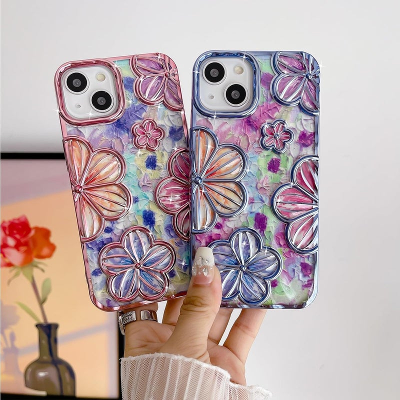 Mobistyle Designed for iPhone 13 Cover| Electroplating Bling Colourful Floral 3D TPU Camera Protection Back Cover Case for Women Girls (Pink) - Image 5