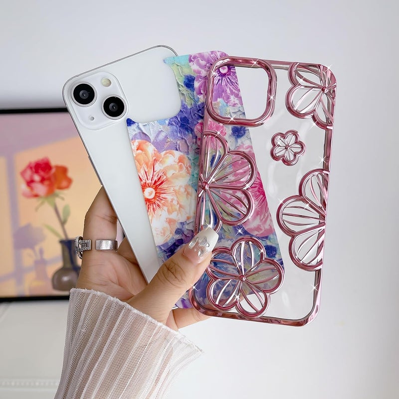 Mobistyle Designed for iPhone 13 Cover| Electroplating Bling Colourful Floral 3D TPU Camera Protection Back Cover Case for Women Girls (Pink) - Image 3