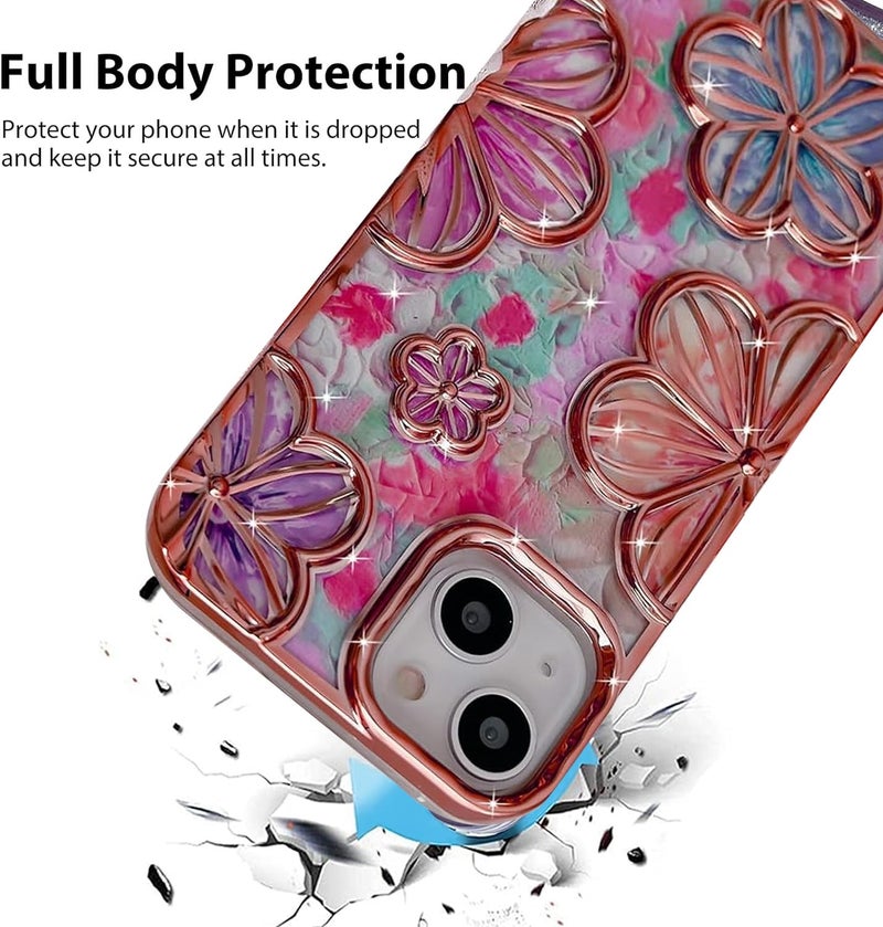 Mobistyle Designed for iPhone 13 Cover| Electroplating Bling Colourful Floral 3D TPU Camera Protection Back Cover Case for Women Girls (Pink) - Image 4