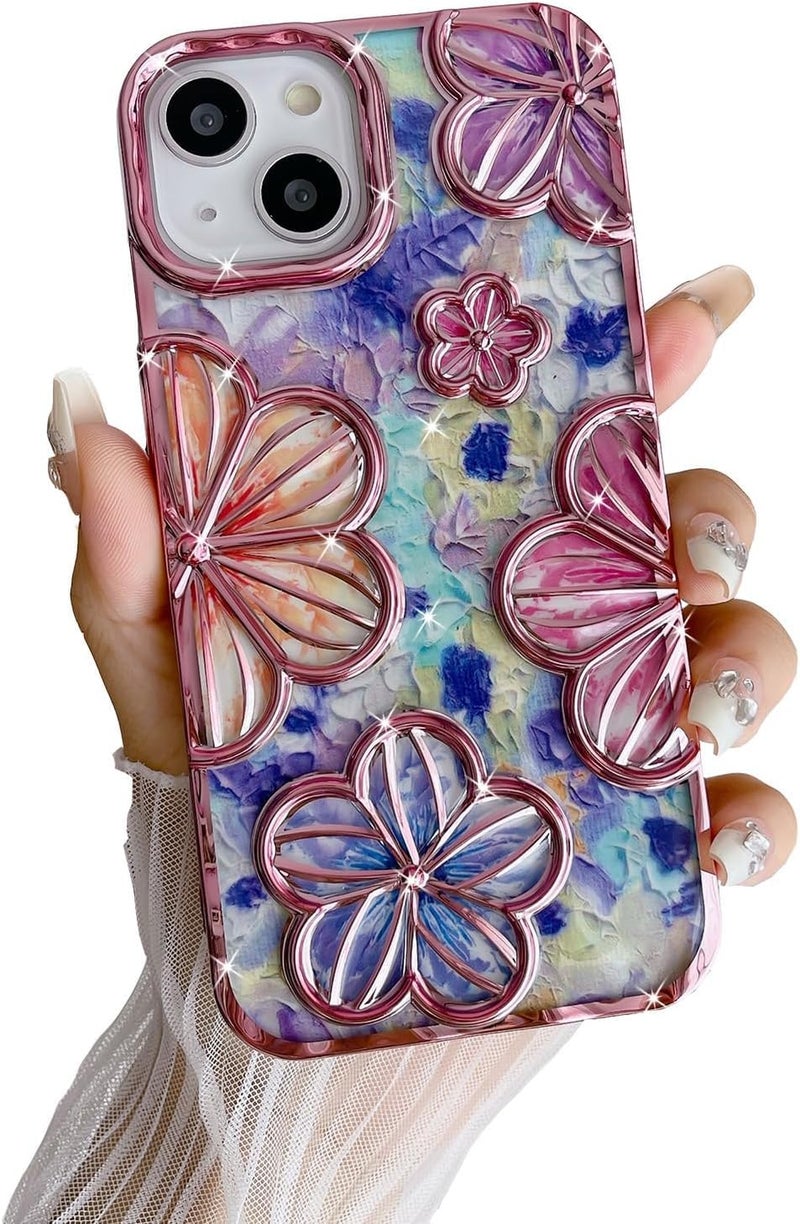 Mobistyle Designed for iPhone 13 Cover| Electroplating Bling Colourful Floral 3D TPU Camera Protection Back Cover Case for Women Girls (Pink) - Image 1