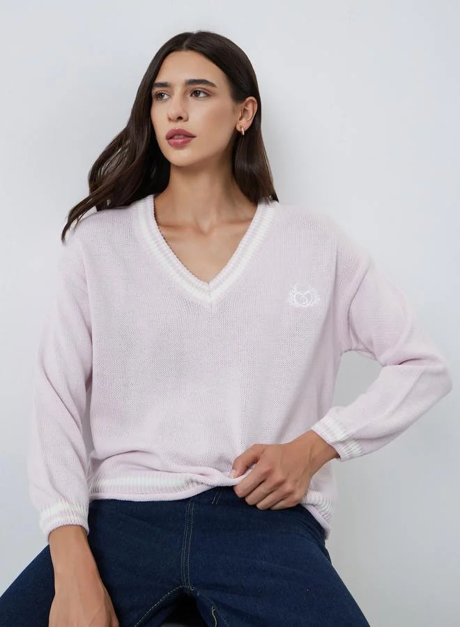 Styli Pink V-Neck Striped Oversized Sweater
