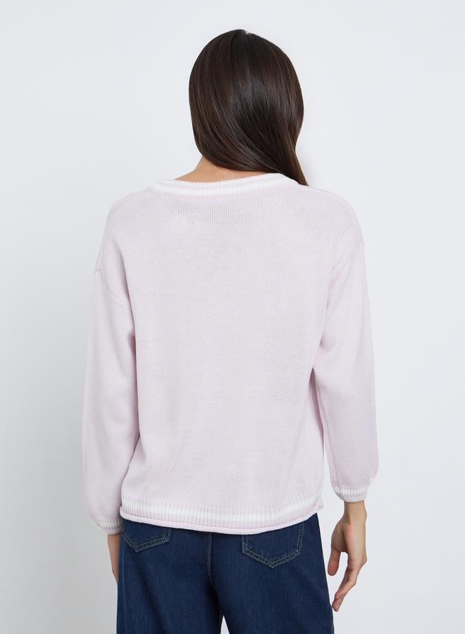 Styli Pink V-Neck Striped Oversized Sweater - Image 4