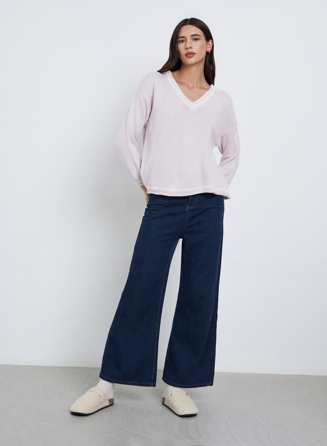 Styli Pink V-Neck Striped Oversized Sweater - Image 2