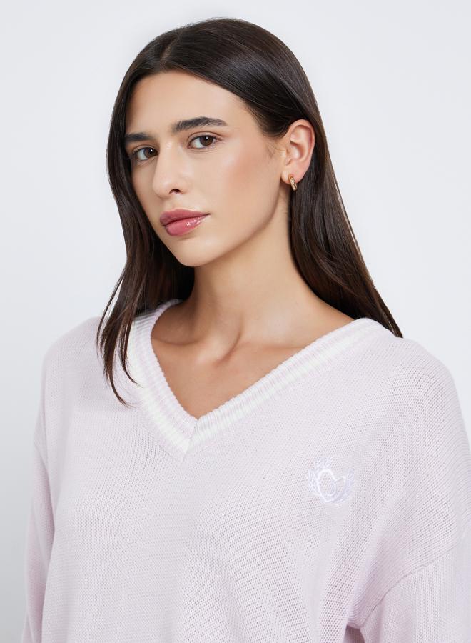 Styli Pink V-Neck Striped Oversized Sweater - Image 3