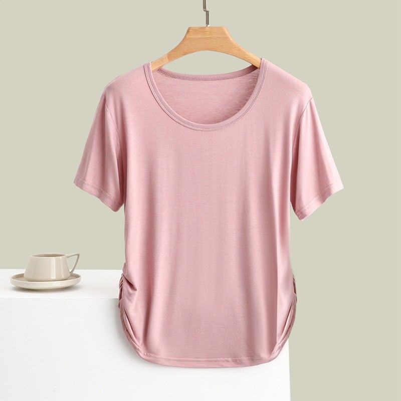 Modal Short-sleeved T-shirt Womens Slim-fit Slimming Design Pleated Irregular Base Shirt Pleated Waist Top lotus root starch 