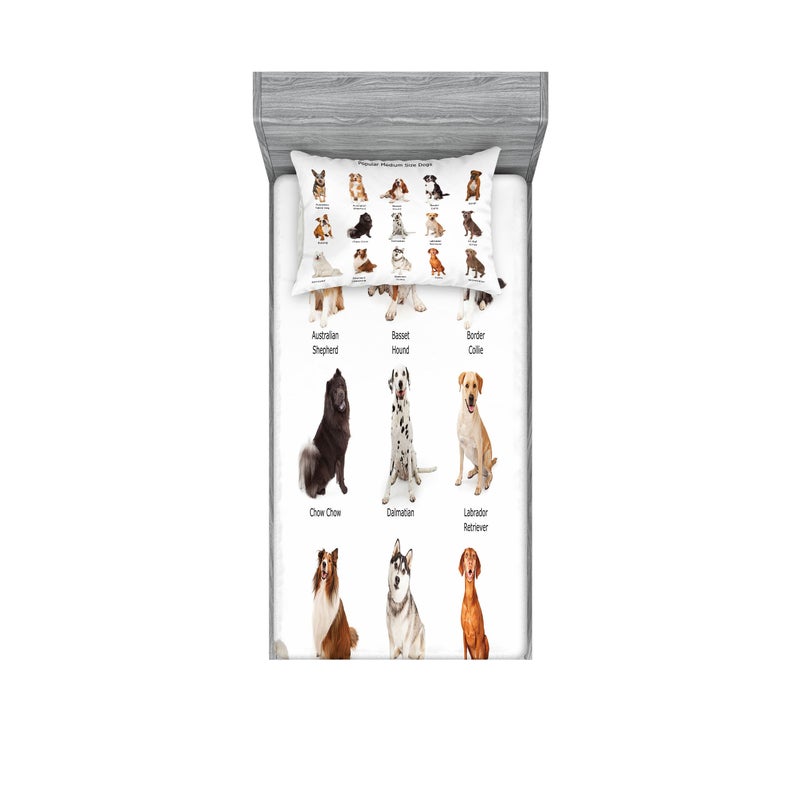 Ambesonne Dog Fitted Sheet & Pillow Sham Set  Group Different Puppy Breeds Family Type Species Dalmatian Husky Bulldog  Decorative Printed 2 Piece Bedding Decor Set  Twin  White Brown and Grey - Image 1